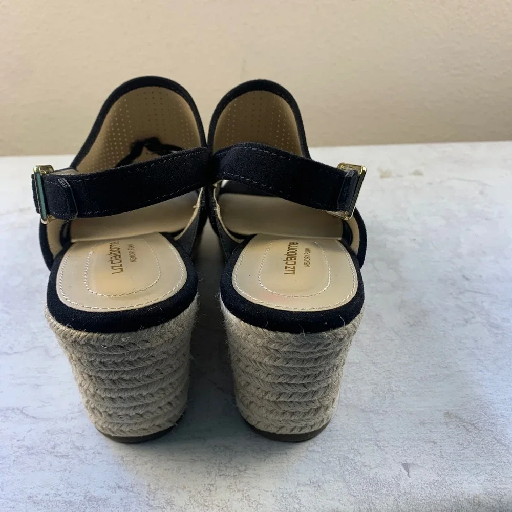 Liz Claiborne 8.5 Wedge Sandals Black LC Hatcher Perforated Espadrille Slingback